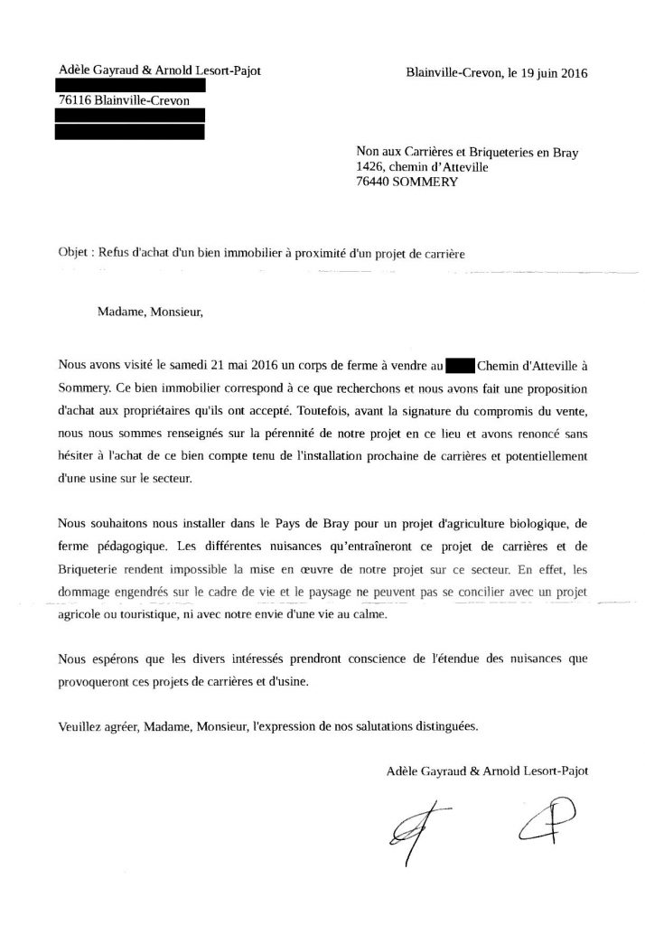 Copie du témoignage d'une vente avortée et d'un projet d'entreprise non réalisé.